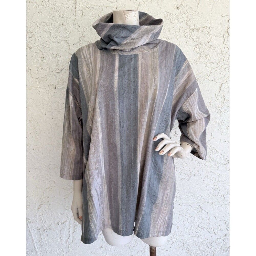 WATER LILY Top Blue Gray Striped Asian Art to Wear Oversized Cotton Blouse XS S
